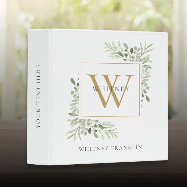Classeur Papeterie Monogramme Or de Verdure d'Eucalyptus Éc (Eucalyptus Greenery Gold Monogram School Office 3 Ring Binder)