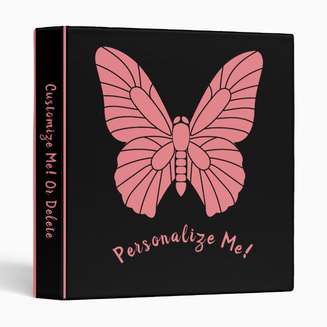 Classeur Papillon rose chic sur le design élégant noir (Devant/Côté)