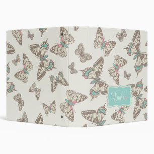 Classeur Papillons à motif crème & dossier de nom turquoise