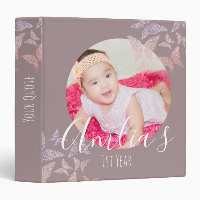 Classeur Papillons à Parties scintillant rose poussiéreux B (Devant/Côté)