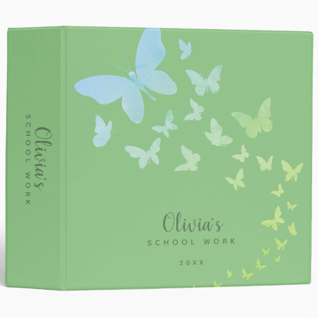 Classeur Papillons colorés Fille Vert personnalisé (Devant/Côté)