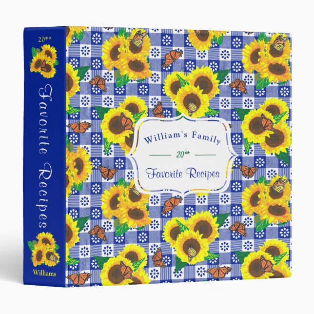 Classeur Papillons de tournesol En vichy bleu Recette (Devant/Côté)