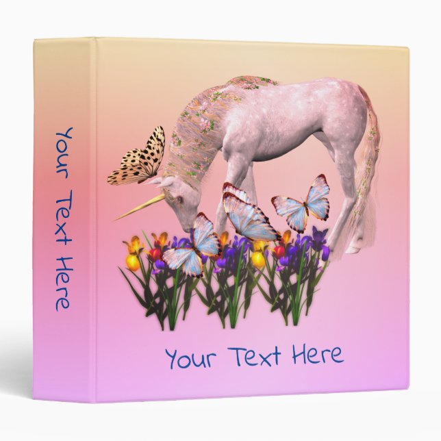 Classeur Papillons Unicorne Blanc Fleurs Personnalisées (Devant/Côté)