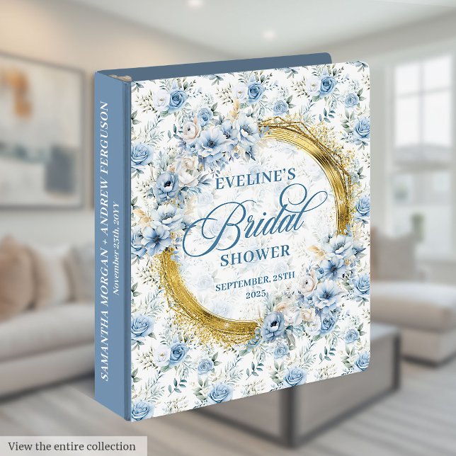 Classeur Parties scintillant d'or bleu poudre moderne Fleur (Modern Powder Blue Gold Glitter Wild Flowers Album 3 ring binder)