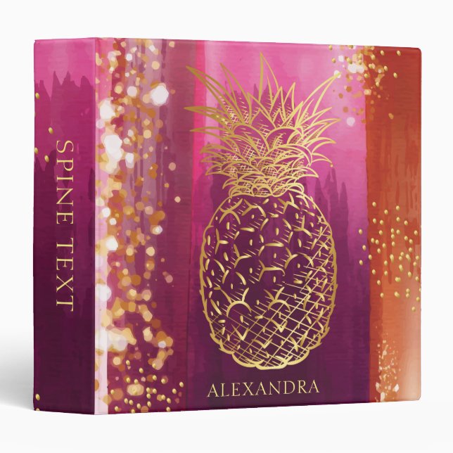 Classeur Parties scintillant d'or en ananas rose personnali (Devant/Côté)
