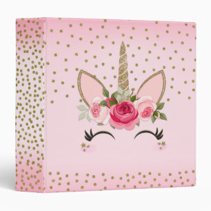 Classeur Parties scintillant d'or et Unicorne florale rose