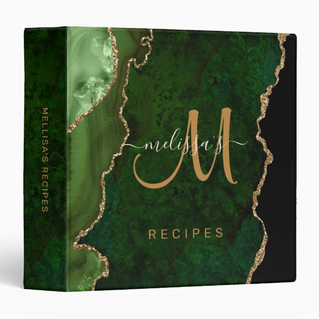 Classeur Parties scintillant d'or vert chic Agate Monogramm (Devant/Côté)