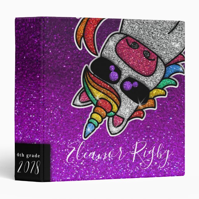 Classeur Parties scintillant Rainbow Unicorn magique Retour (Devant/Côté)