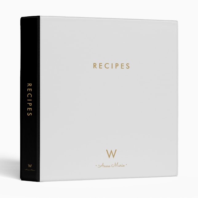 Classeur Pastel gris clair moderne Monogram Recette (Devant/Côté)