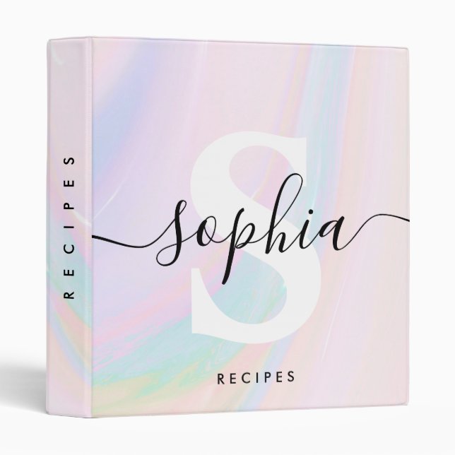 Classeur Pastel Holographique Monogramme tendance Nom perso (Devant/Côté)