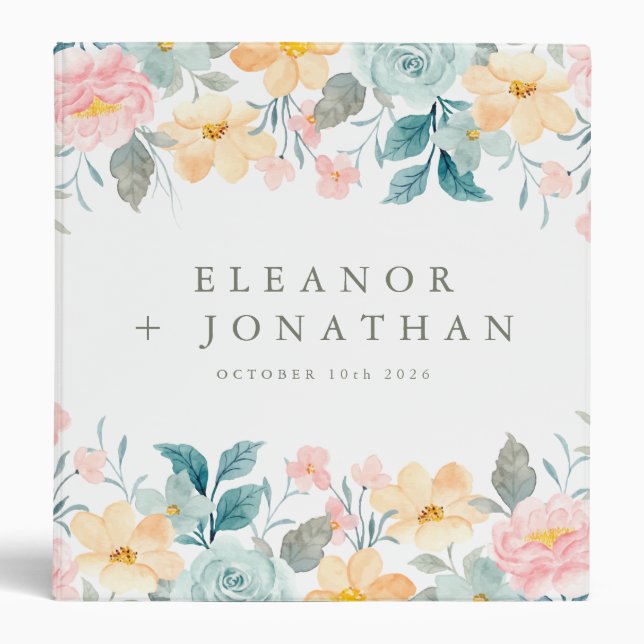 Classeur Pastel Turquoise rose Aquarelle Floral Personnalis (Devant)