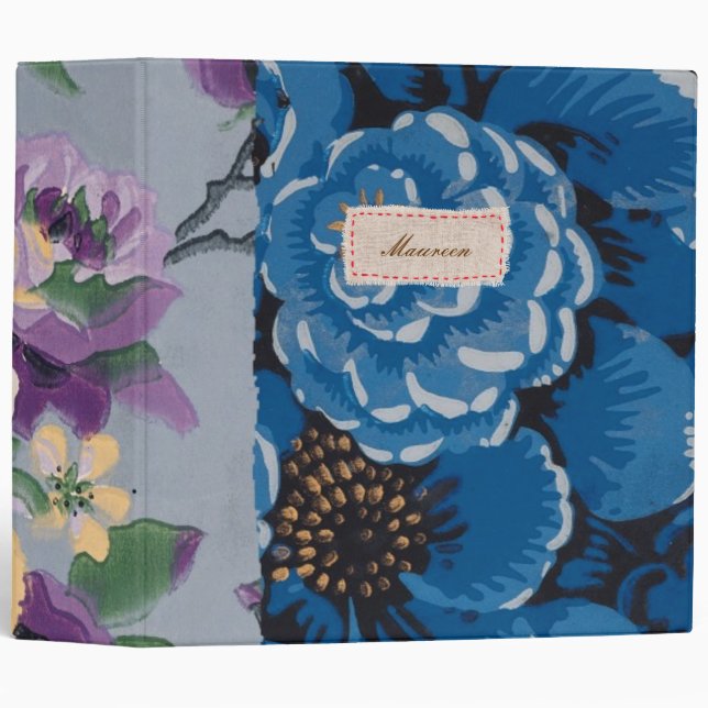 Classeur Patchwork floral de tissu (bleu) personnalisé (Devant/Côté)