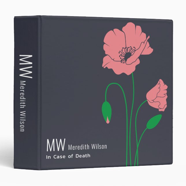 Classeur Pavot rose monogramme en Coque de la mort (Devant/Côté)