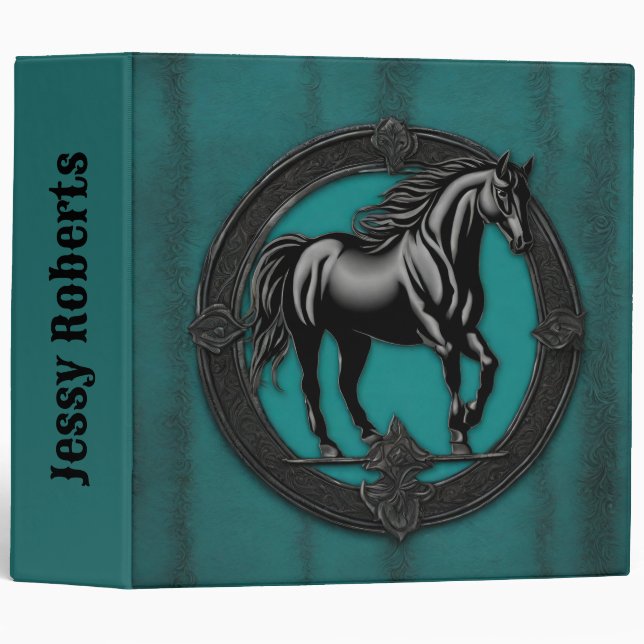 Classeur Pays de l'Ouest Monogramme Cheval Equestre Turquoi (Devant/Côté)