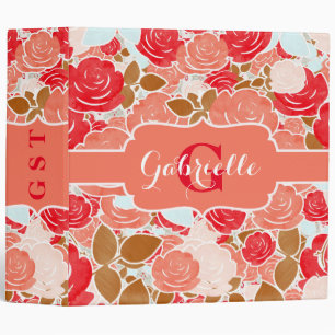 Classeur Peach & Gold Aquarelle Rose Monogramme Floral