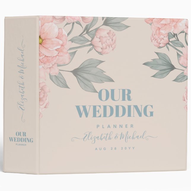 Classeur Peach Peonies Sage Floral Budget Mariage (Devant/Côté)