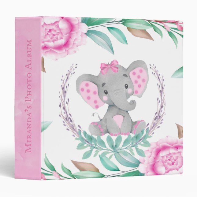 Classeur Peindre un éléphant adorable Monogramme de pivoine (Devant/Côté)