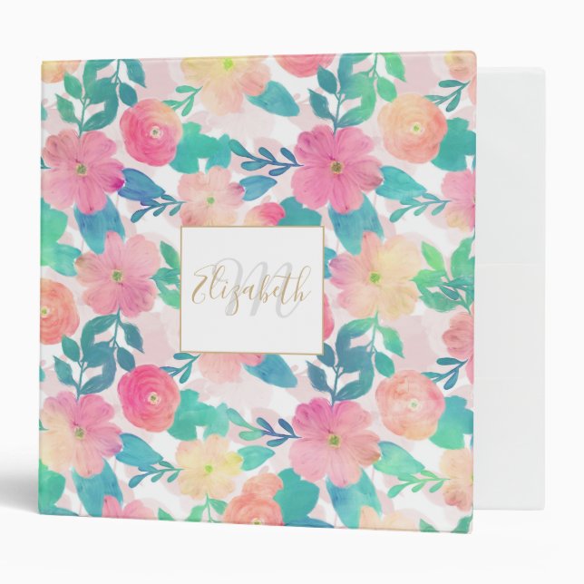 Classeur Peinture à main rose bleu florale Fille Design (Devant/intérieur)