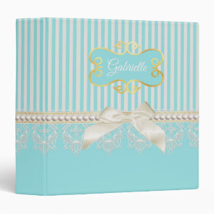 Classeur Perles et dentelle Aqua Stripes Crème Bow avec nom