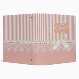 Classeur Perles et dentelle bandes roses ruban crème et nom