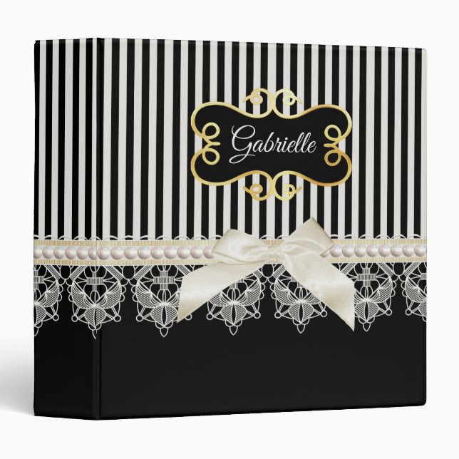 Classeur Perles et dentelle Black Stripes Crème Bow Gold No (Devant/Côté)