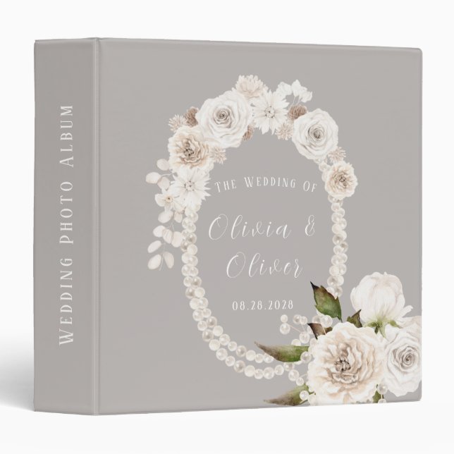 Classeur Perles florales blanches en gris beige Mariage Alb (Devant/Côté)