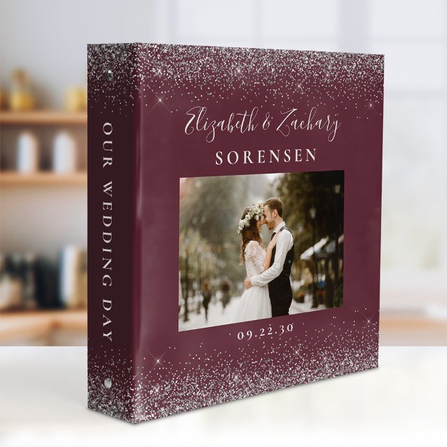 Classeur Personalized Burgundy Silver Glitter Wedding Photo (Créateur téléchargé)