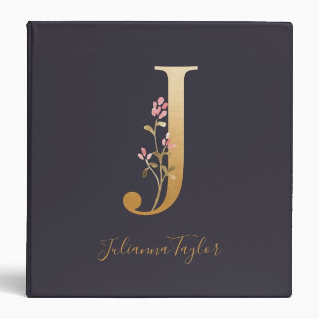 Classeur Personalized Gold Blue Elegant Floral Monogram J (Devant)