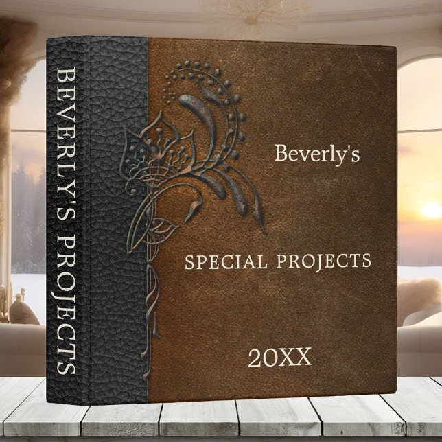 Classeur personnalisé Faux en cuir (Binder featuring an elegant metallic style design on a faux leather brown and black background)