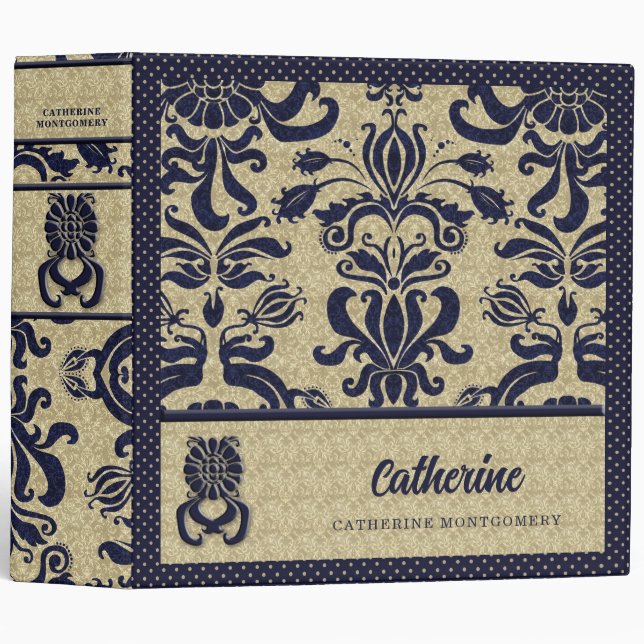 Classeur personnalisé Navy et Taupe Damask (Devant/Côté)