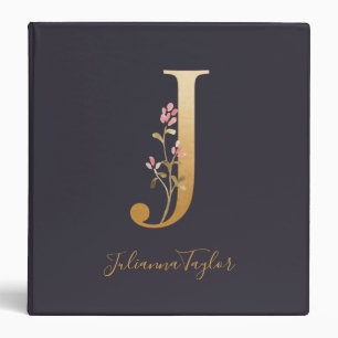 Classeur Personnalisé Or Bleu Élégant Floral Monogramme J
