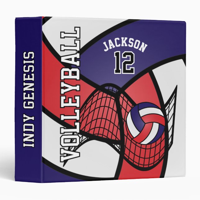 Classeur Personnalisé - Volley-ball en rouge, blanc et bleu (Devant/Côté)