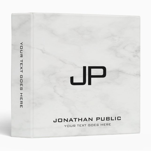 Classeur Personnaliser Marbre blanc Monogramme Élégant init (Devant/Côté)