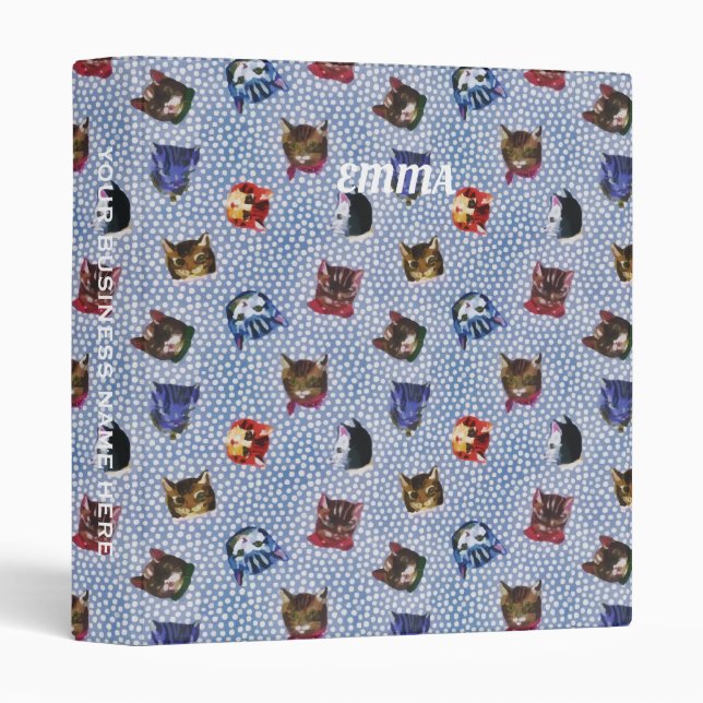 Classeur Pet Chat Bleu Pois Kitten Aquarelle (Devant/Côté)