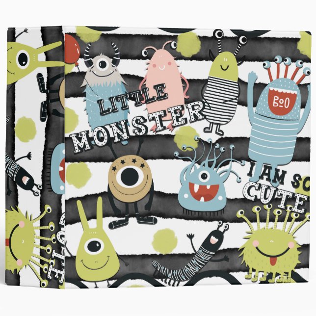 Classeur Petits Monstres Mignons Rayure Aquarelle Moderne e (Devant/Côté)