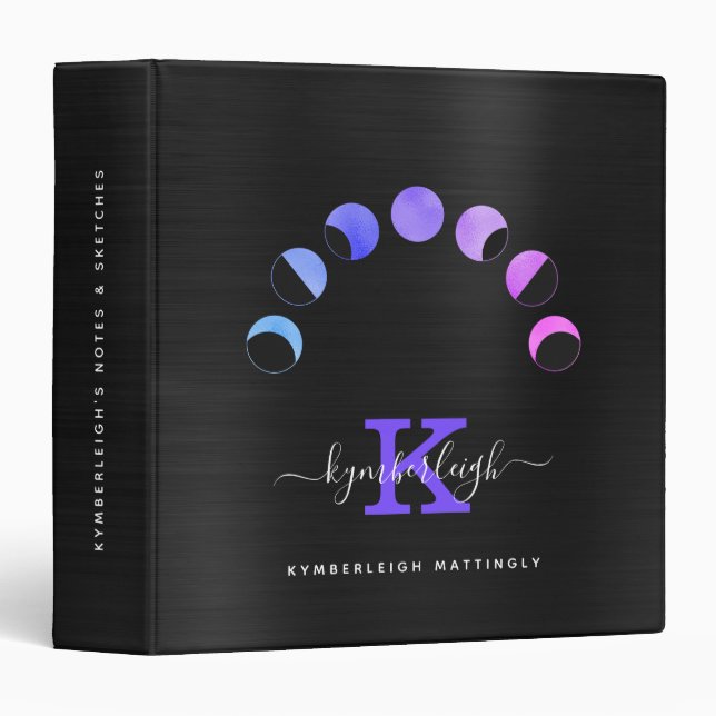 Classeur Phases de Lune Noire Glam Pastel Purple Nom du mon (Devant/Côté)