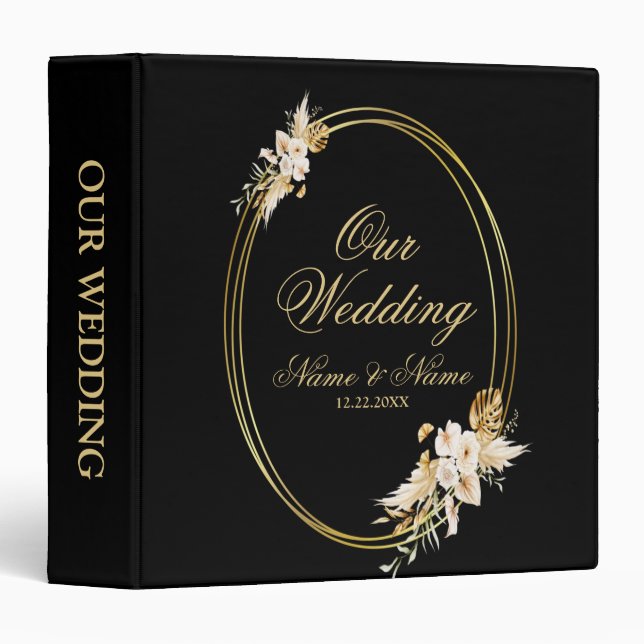 Classeur Photo Album de mariage Floral Golden Black (Devant/Côté)