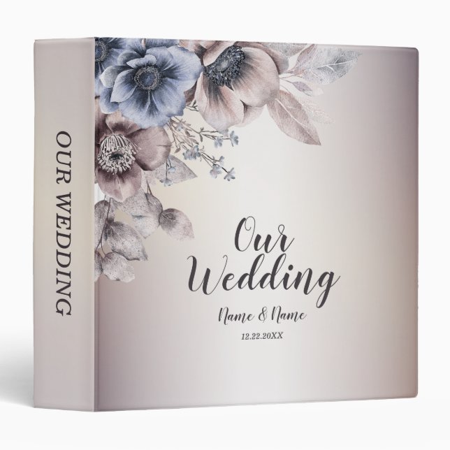 Classeur Photo Album Mariage Fête Aquarelle Bleu Beige (Devant/Côté)