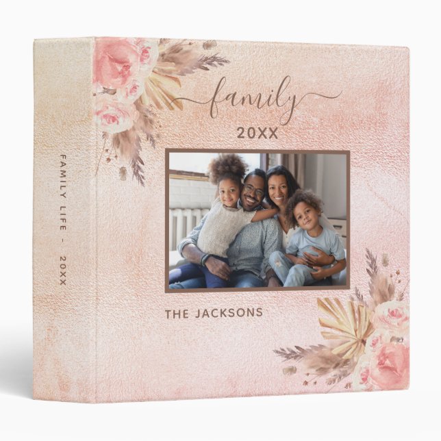 Classeur Photo de famille herbe des pampas fleurs rose poud (Devant/Côté)
