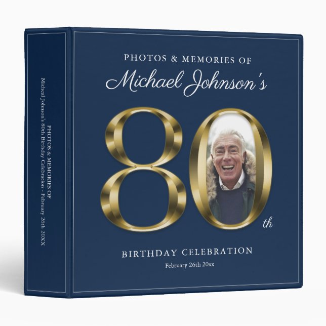 Classeur Photo personnalisée 80e anniversaire Blue Elegant  (Devant/Côté)