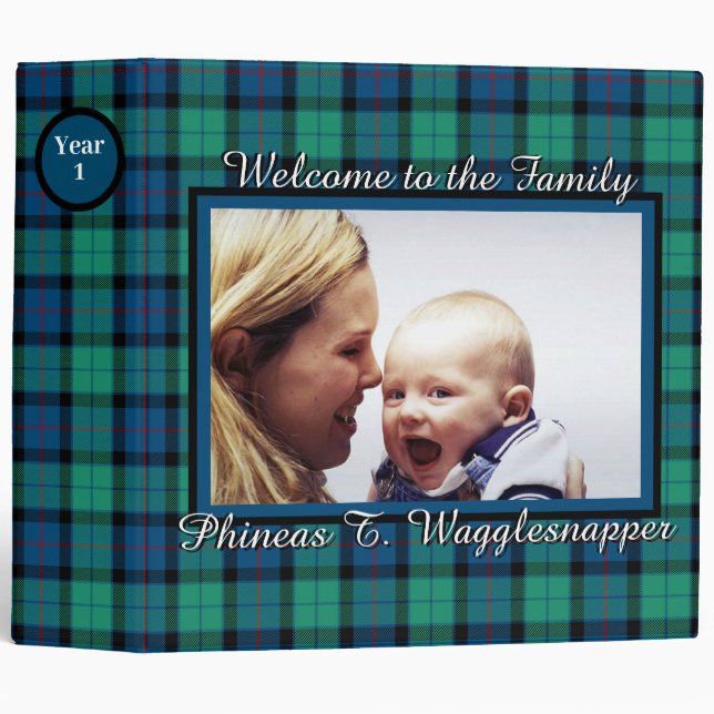 Classeur Photo personnalisée Baby Year One Blue Green Plaid (Devant/Côté)