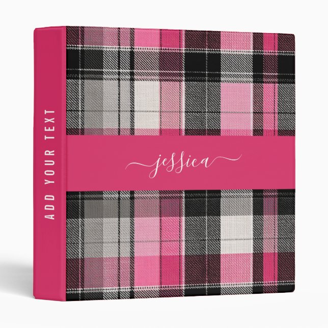 Classeur Pink black tartan plaid script name binder (Devant/Côté)