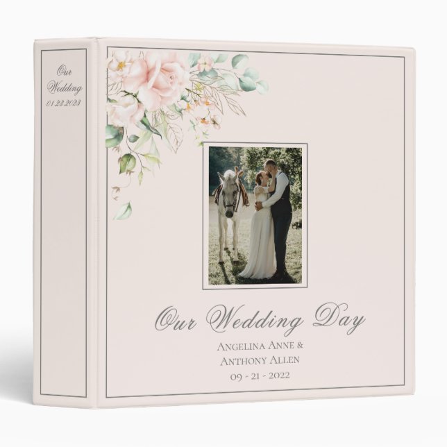 Classeur Pink Blush Notre Mariage Script Floral (Devant/Côté)