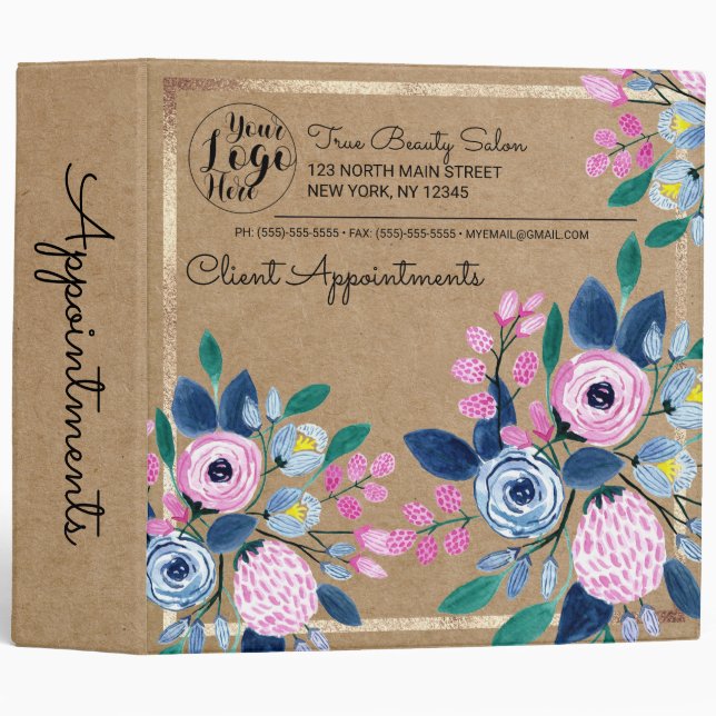 Classeur Pink Floral Gold Kraft Papier papier Rendez-vous d (Devant/Côté)
