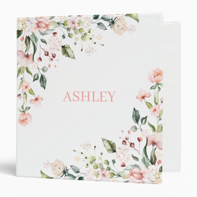Classeur Pink Floral Monogram Aquarelle Nom personnalisé (Devant/Intérieur)