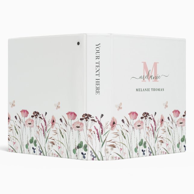 Classeur Pink Poppy Meadow Nom personnalisé Monogramme (Arrière-plan)