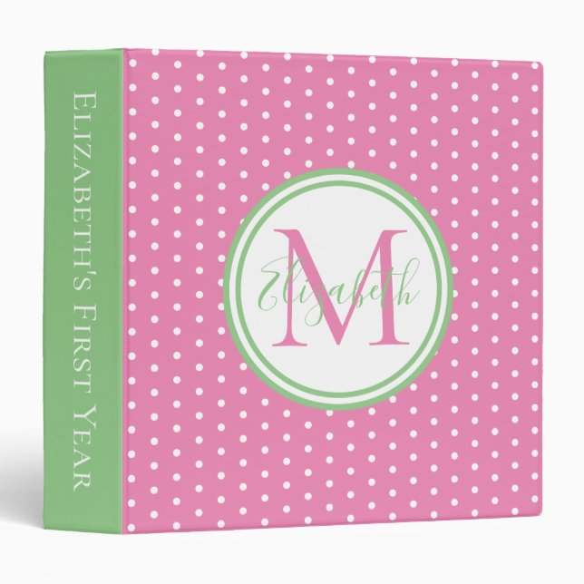 Classeur Pink vert et blanc Polka Dot Monogramme Mémoire (Devant/Côté)