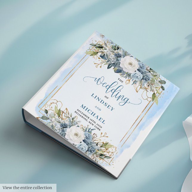 Classeur Pivoines blanches poussiéreuses romantiques bleues (Romantic Dusty Blue White Peonies Gold Wedding Album)