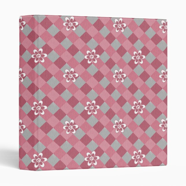 Classeur Plaid gris et rose avec fleurs camomilaires (Devant/Côté)