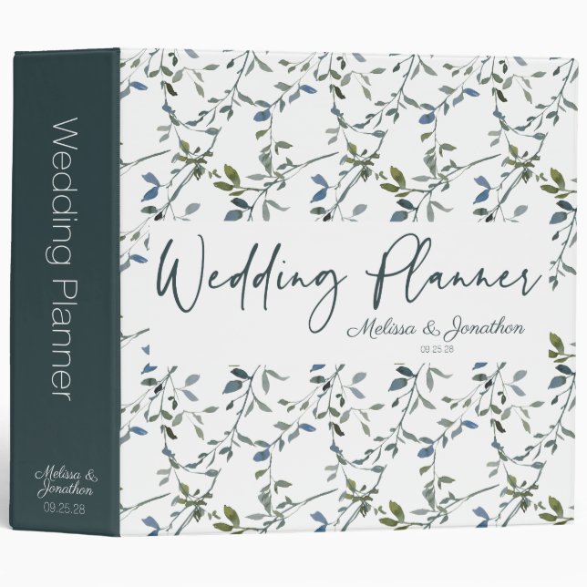 Classeur Planificateur de mariage floral vert argenté sage (Devant/Côté)
